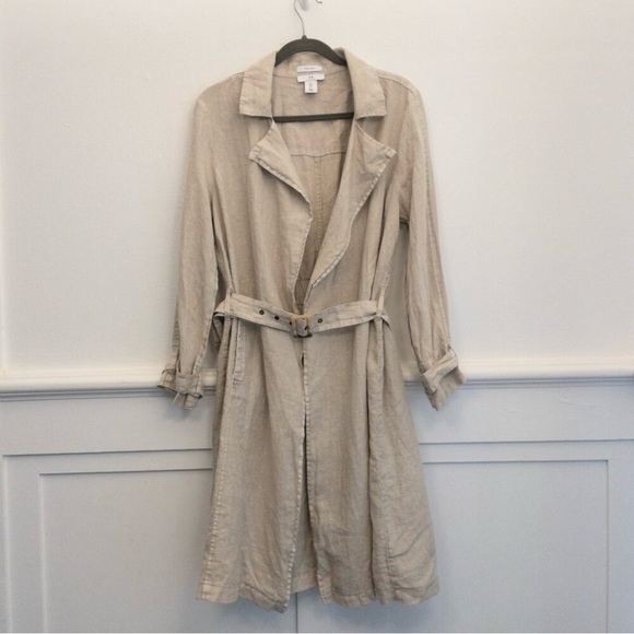 Halston 100% Linen Belted Trench Dress Coat in Beige Large Lightweight Layer - Picture 4 of 4